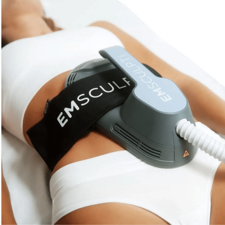 Emsculpt NEO applicator placed on abdomen for body sculpting treatment at Modern Woman Med Spa Santa Rosa