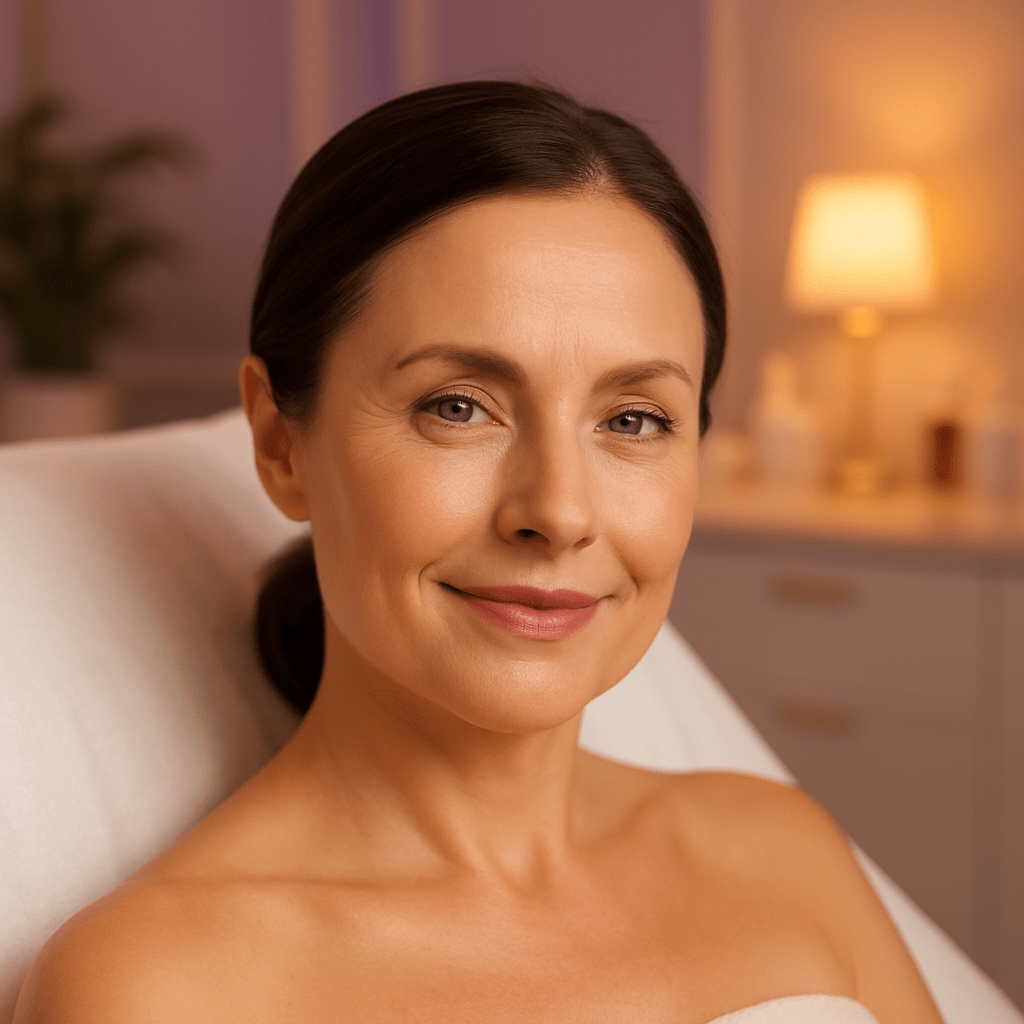 Smiling woman relaxing on a treatment bed in a warm spa setting after a Botox session at Modern Woman Med Spa Santa Rosa