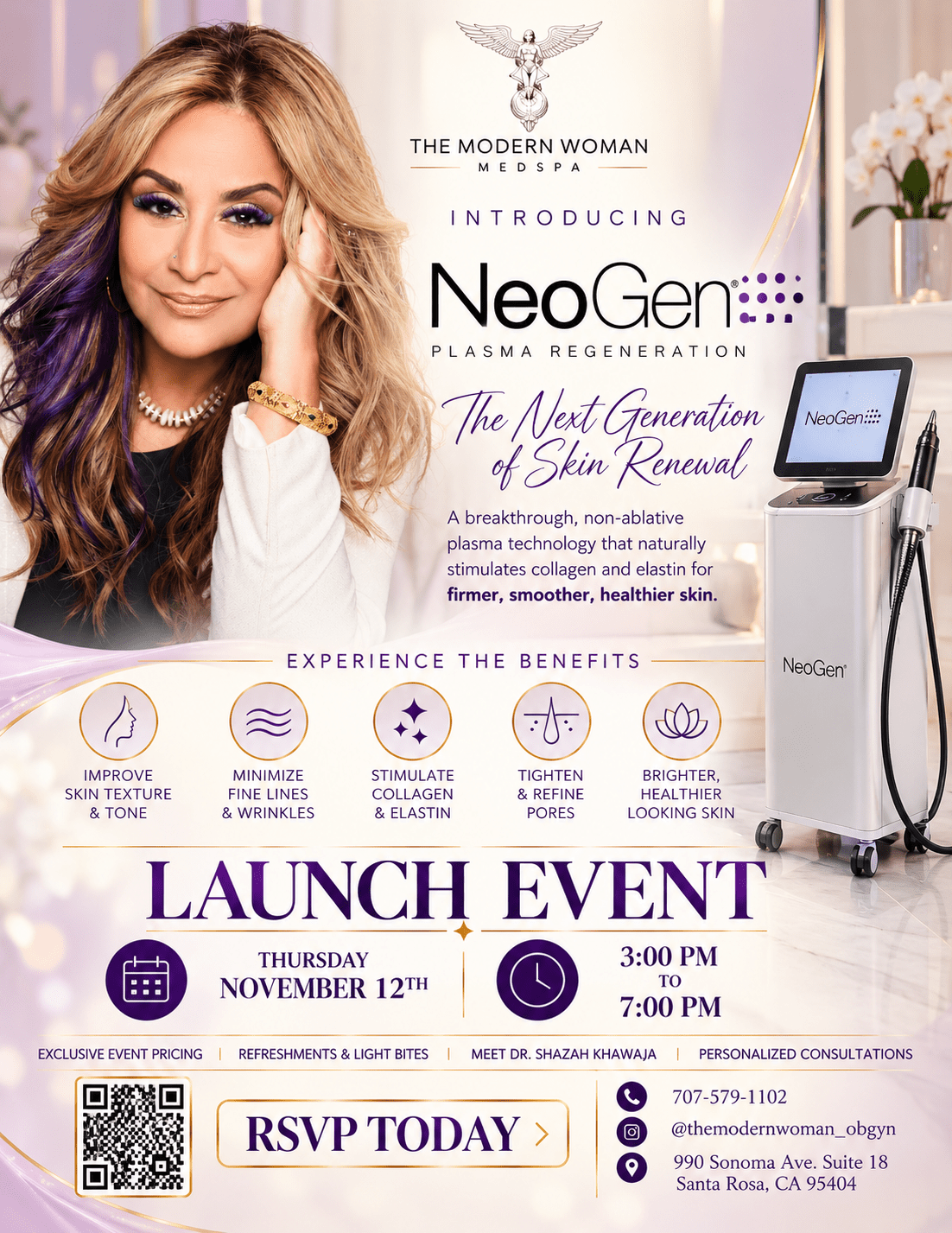 NeoGen Plasma Regeneration launch event flyer: Thursday November 12, 3 to 7 PM, The Modern Woman Med Spa, Santa Rosa