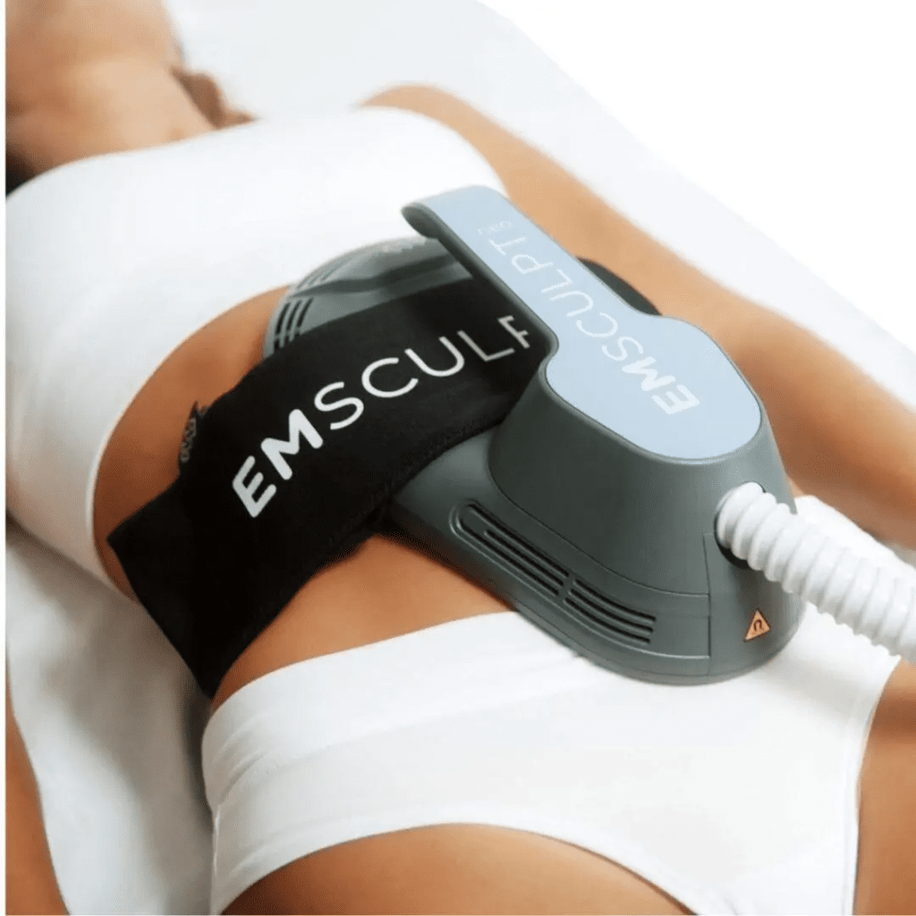 Emsculpt NEO applicator placed on abdomen for body sculpting treatment at Modern Woman Med Spa Santa Rosa