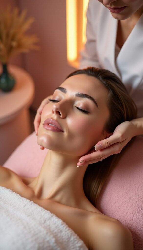 Aesthetician performing a neck and facial massage on a client in a pink-toned treatment room at Modern Woman Med Spa Santa Rosa
