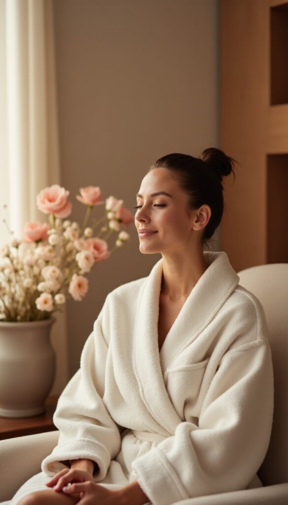 Woman in a white spa robe relaxing beside pink flowers in the lounge at Modern Woman Med Spa Santa Rosa