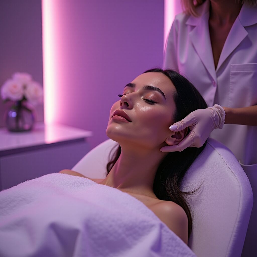 Aesthetician performing a facial treatment on a relaxed client under purple ambient lighting at Modern Woman Med Spa Santa Rosa