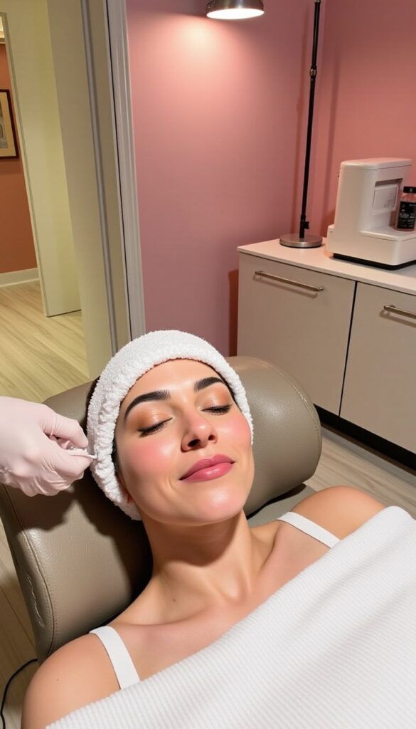 Client receiving a facial treatment with a headband while lying on a treatment chair at Modern Woman Med Spa Santa Rosa