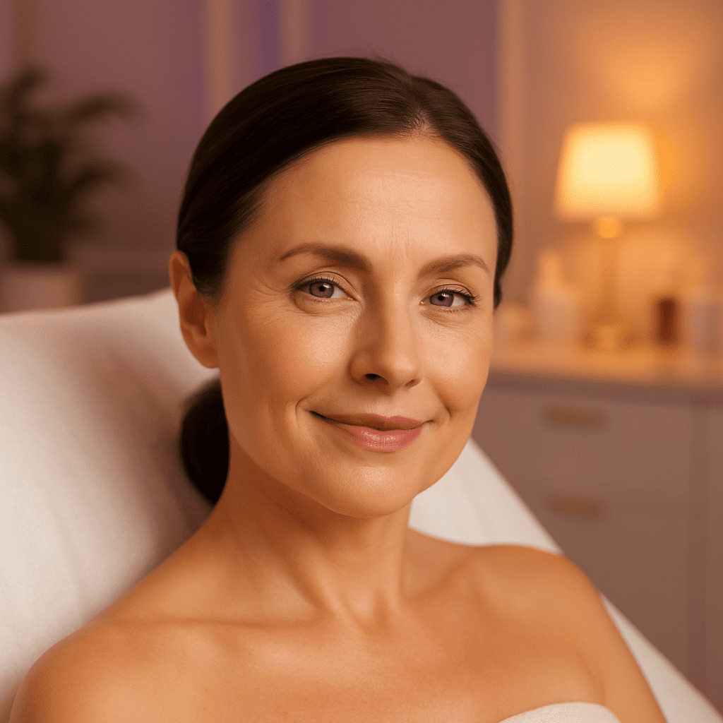 Smiling woman relaxing on a treatment bed in a warm spa setting after a Botox session at Modern Woman Med Spa Santa Rosa