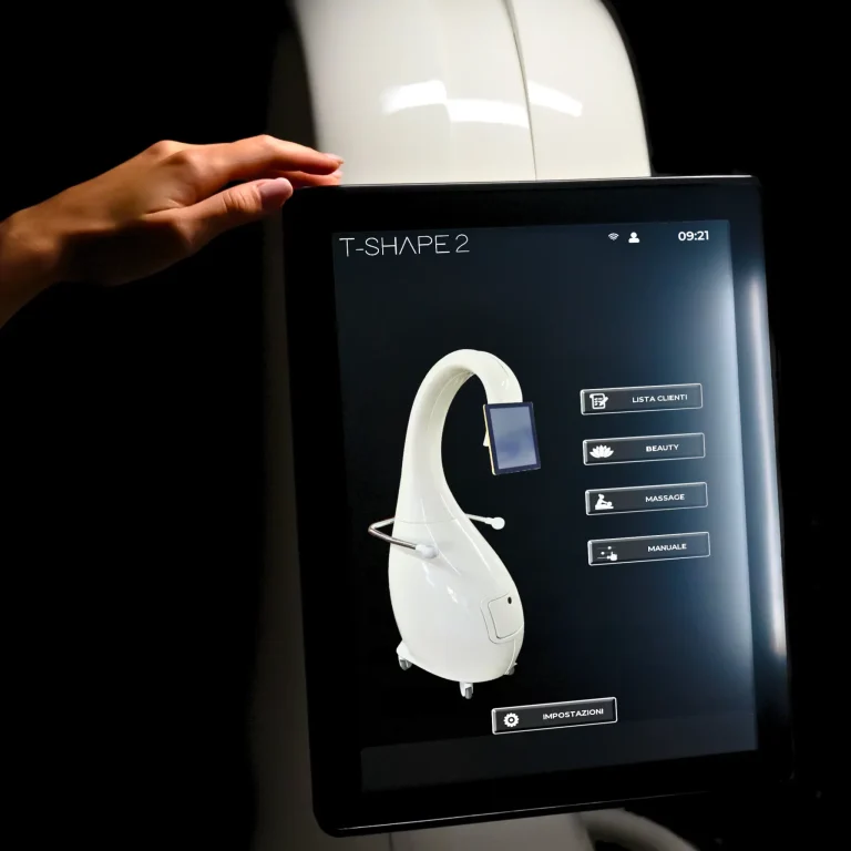 T-Shape 2 device touchscreen display showing treatment menu options at Modern Woman Med Spa Santa Rosa