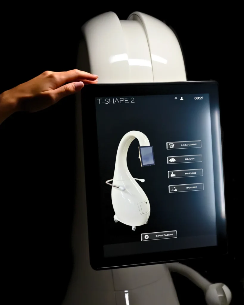 T-Shape 2 device touchscreen display showing treatment menu options at Modern Woman Med Spa Santa Rosa